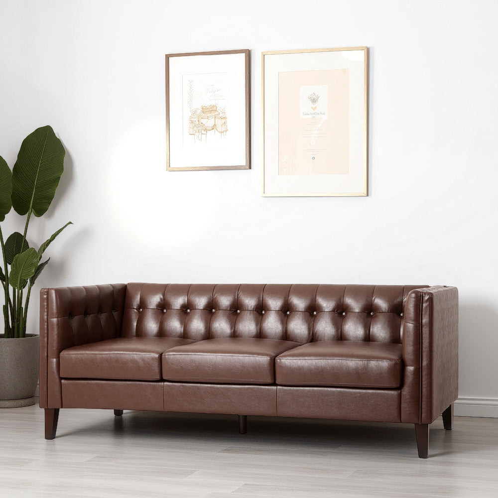 Ember Sofa, 76 Inch, Chesterfield Tufted Dark Brown Faux Leather Upholstery -BM320511