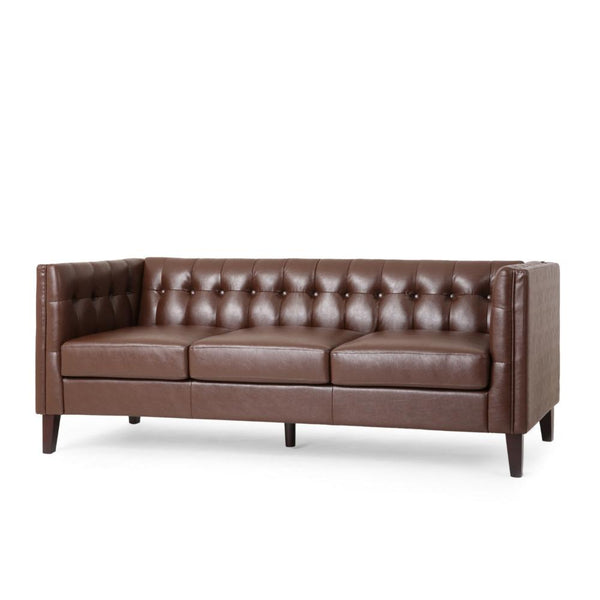 Ember Sofa, 76 Inch, Chesterfield Tufted Dark Brown Faux Leather Upholstery