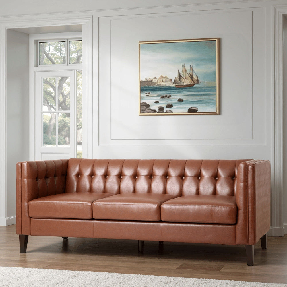 Ember Sofa with Chesterfield Tufted Brown Faux Leather Upholstery, 76 Inch - BM320512