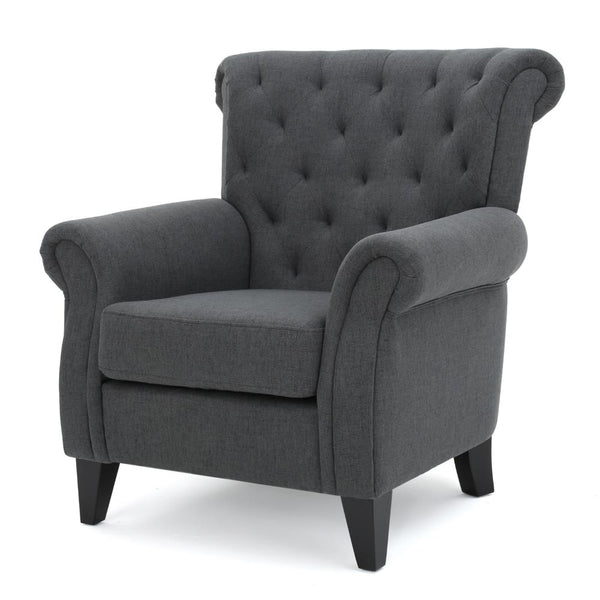 Accent Club Chair, Rolled Arms and Back, Diamond Stitched, Gray Fabric