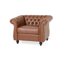 Accent Club Chair, Nailhead, Chesterfield Tufted  in Caramel Faux Leather
