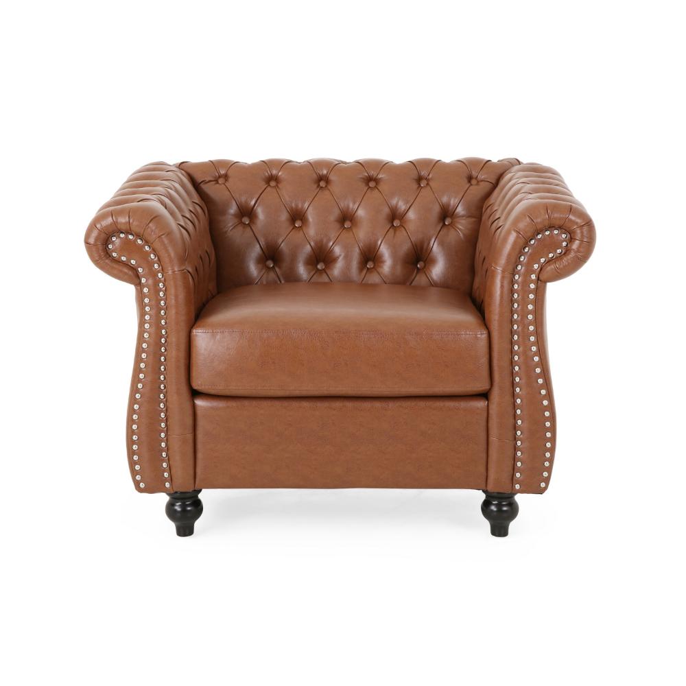 Accent Club Chair, Nailhead, Chesterfield Tufted  in Caramel Faux Leather -BM320515