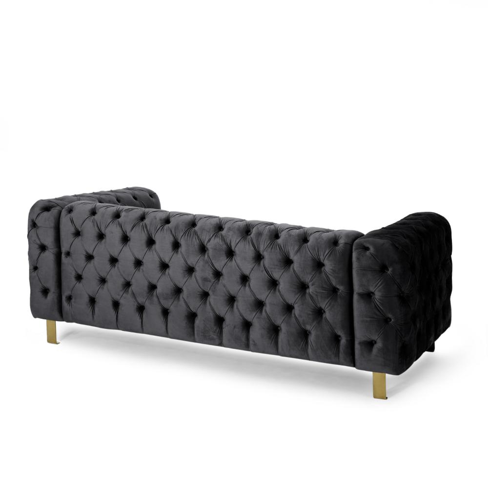 Nua Sofa, Chesterfield Tufted Black Velvet, 84 Inch, Modern Gold Legs - BM320519