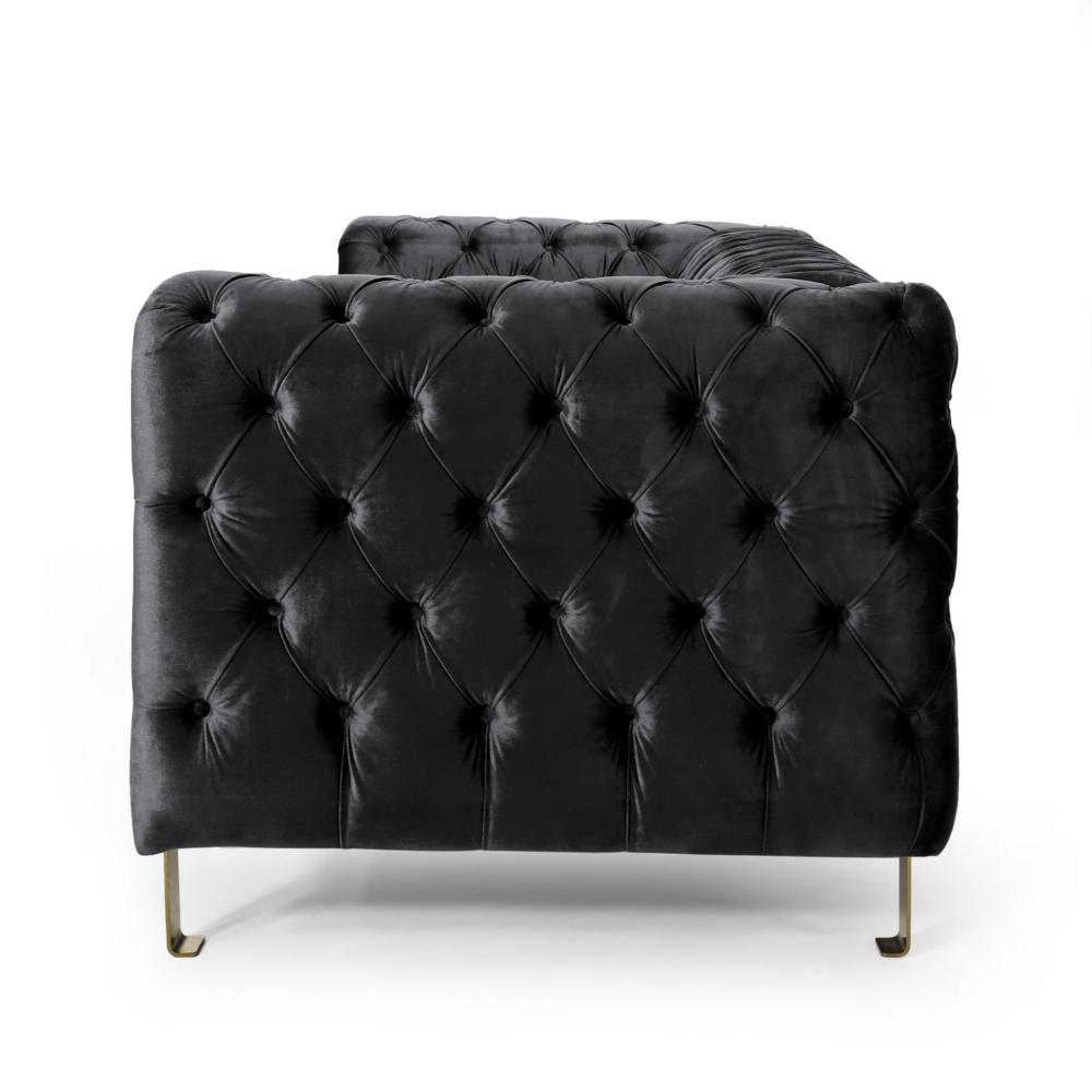 Nua Sofa, Chesterfield Tufted Black Velvet, 84 Inch, Modern Gold Legs - BM320519
