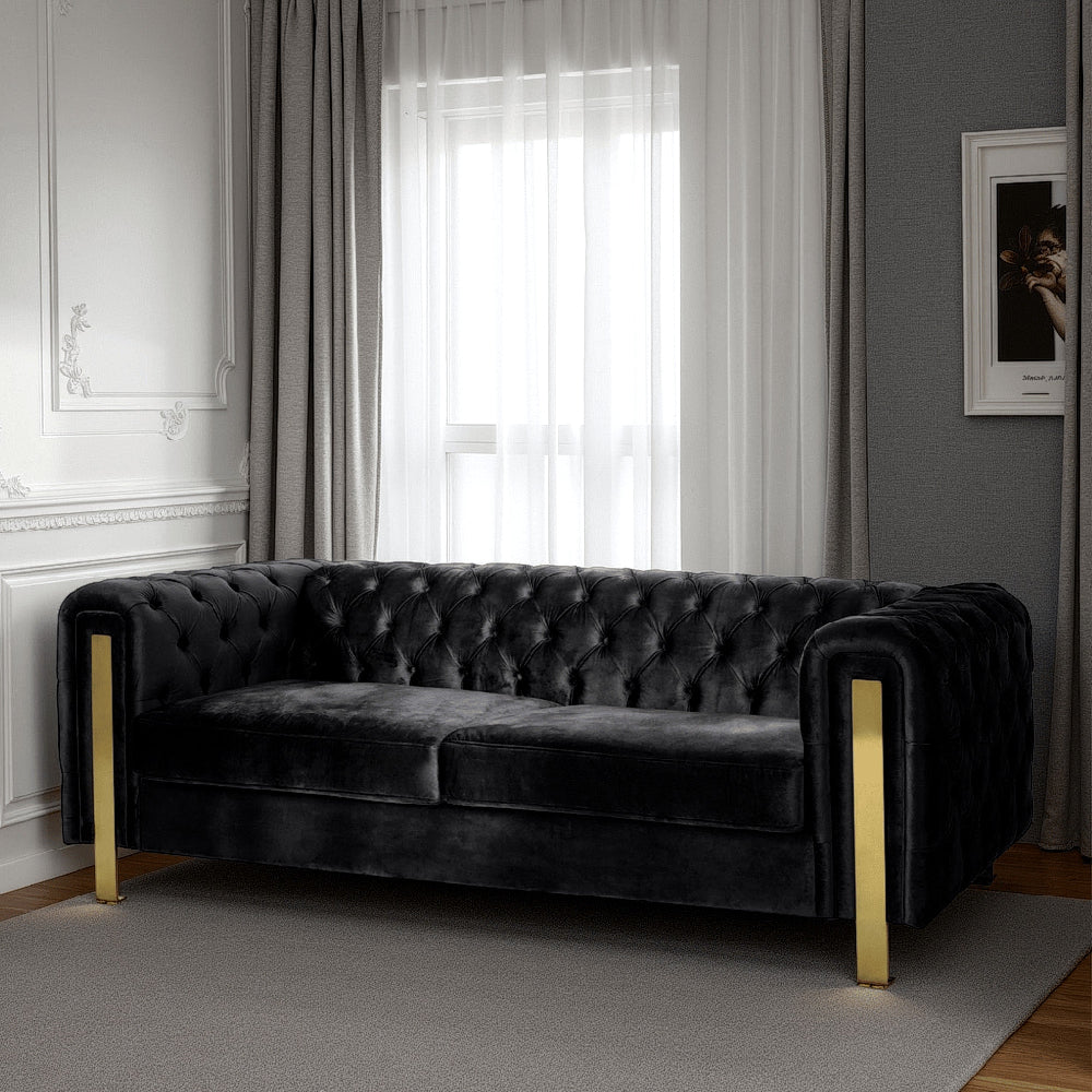 Nua Sofa, Chesterfield Tufted Black Velvet, 84 Inch, Modern Gold Legs - BM320519