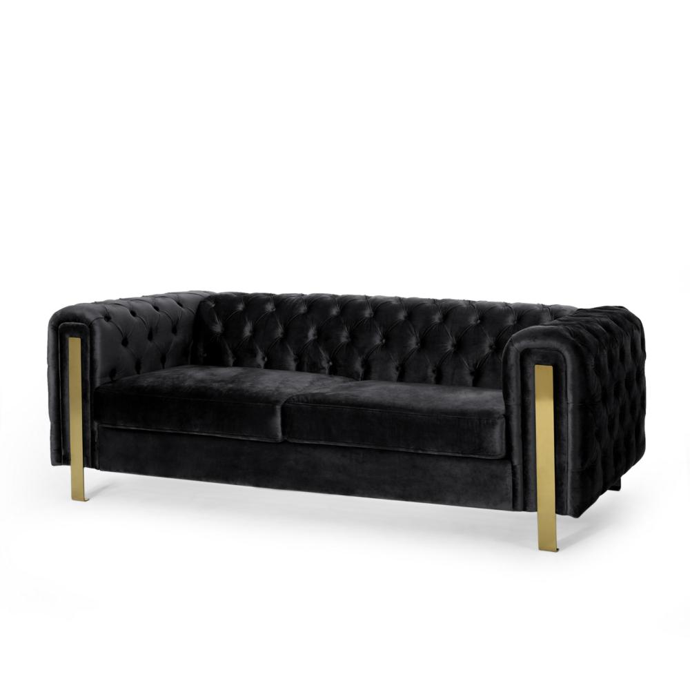 Nua Sofa, Chesterfield Tufted Black Velvet, 84 Inch, Modern Gold Legs