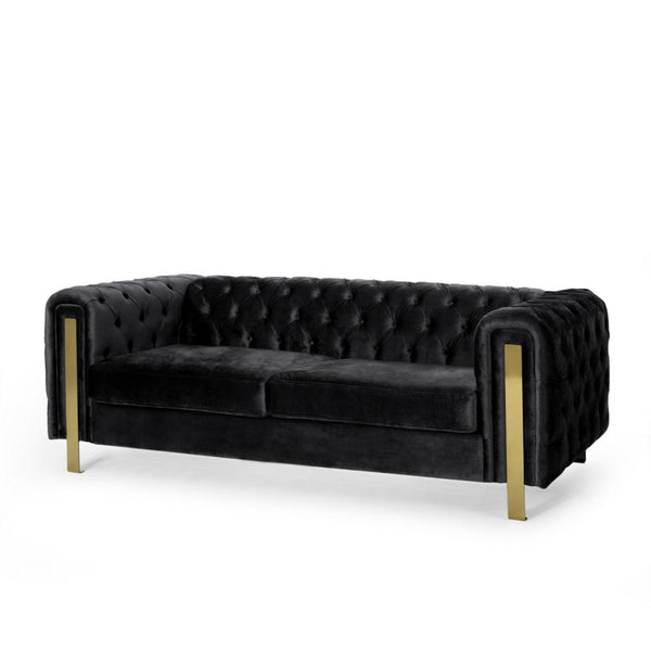 Nua Sofa, Chesterfield Tufted Black Velvet, 84 Inch, Modern Gold Legs