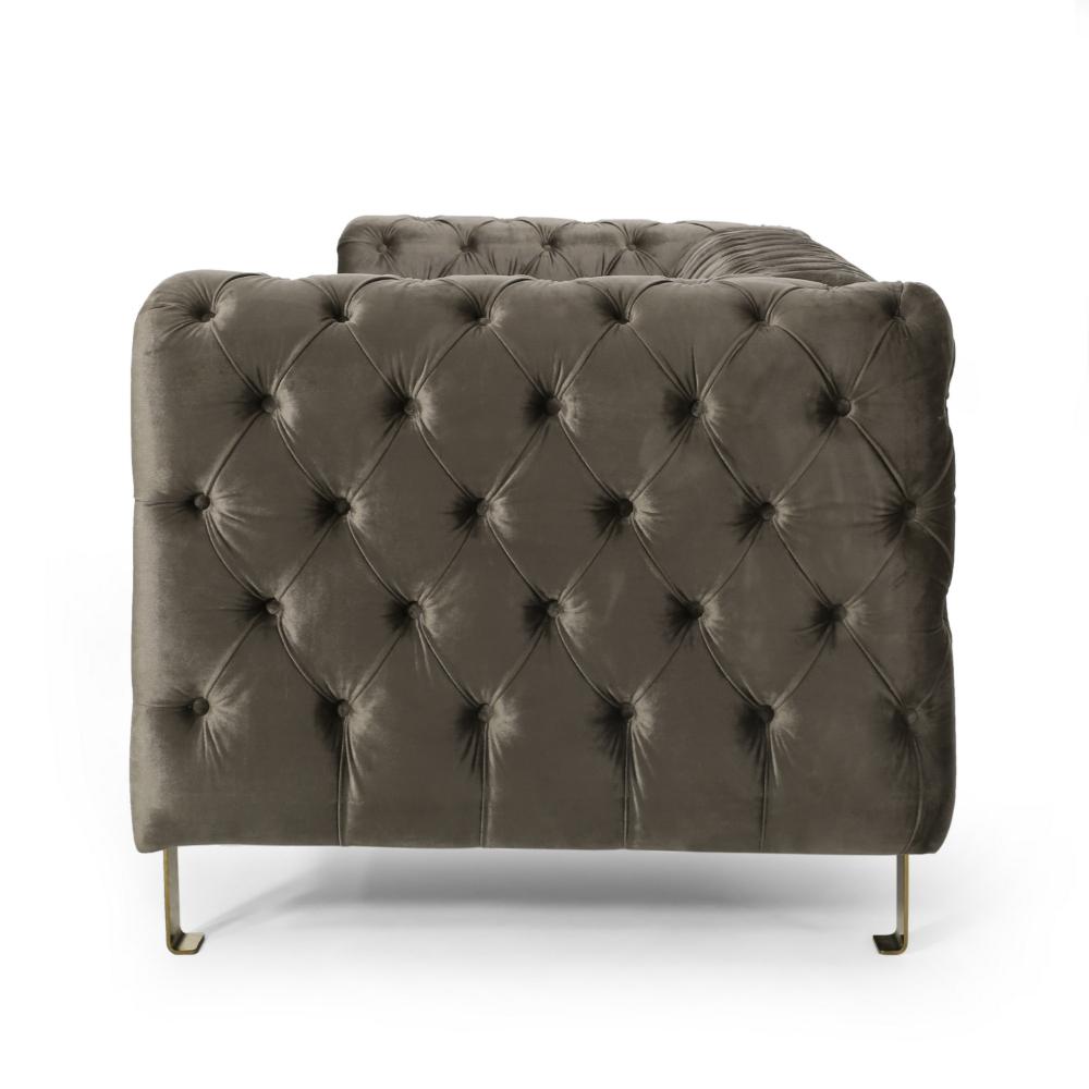 Nua Sofa, Chesterfield Tufted Gray Velvet, 84 Inch, Modern Gold Legs -BM320520