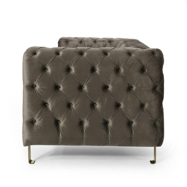 Nua Sofa, Chesterfield Tufted Gray Velvet, 84 Inch, Modern Gold Legs -BM320520