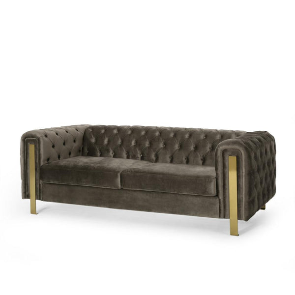 Nua Sofa, Chesterfield Tufted Gray Velvet, 84 Inch, Modern Gold Legs