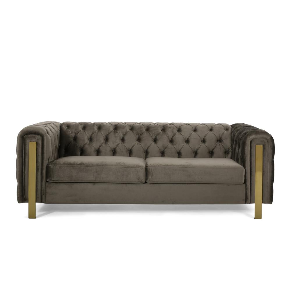 Nua Sofa, Chesterfield Tufted Gray Velvet, 84 Inch, Modern Gold Legs -BM320520