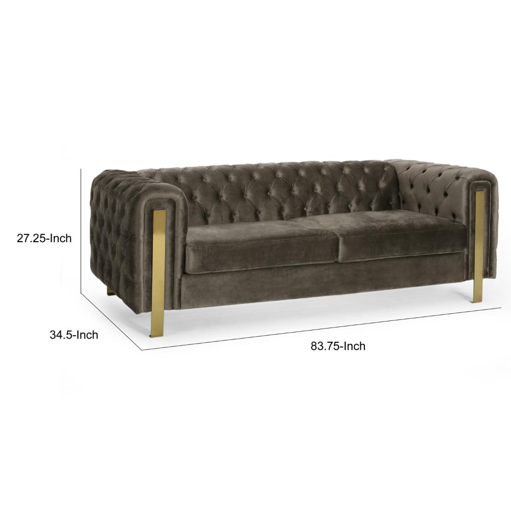 Nua Sofa, Chesterfield Tufted Gray Velvet, 84 Inch, Modern Gold Legs -BM320520