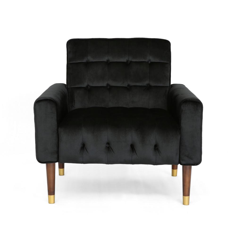 Covia Accent Club Chair with Waffle Stitch Black Velvet, Gold Tip Legs -BM320526