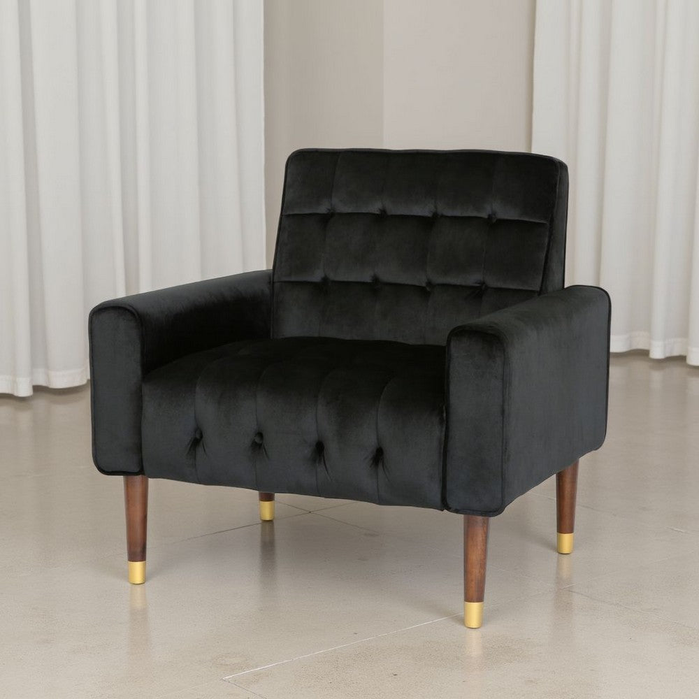 Covia Accent Club Chair with Waffle Stitch Black Velvet, Gold Tip Legs -BM320526