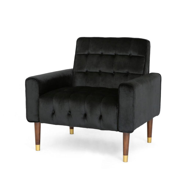 Covia Accent Club Chair with Waffle Stitch Black Velvet, Gold Tip Legs