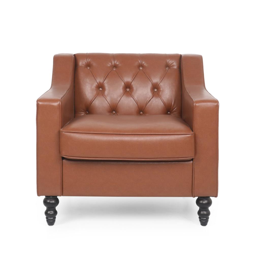 Accent Club Chair, Button Tufted, Diamond Stitch Light Brown Faux Leather -BM320528