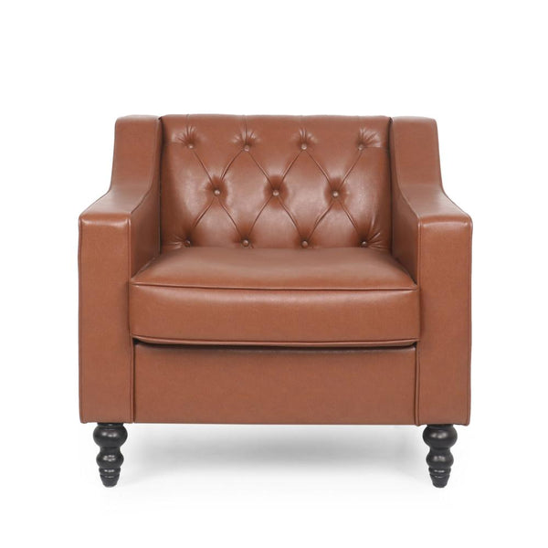 Accent Club Chair, Button Tufted, Diamond Stitch Light Brown Faux Leather -BM320528