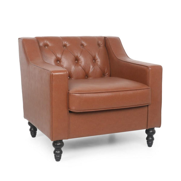 Accent Club Chair, Button Tufted, Diamond Stitch Light Brown Faux Leather