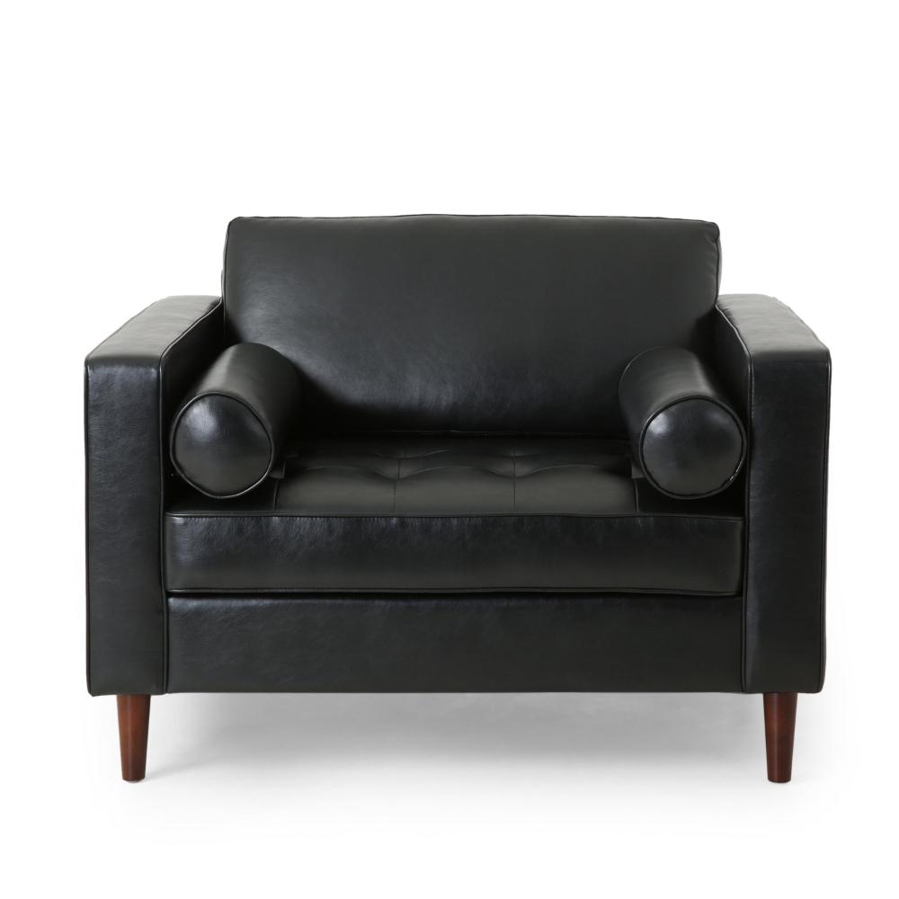 Accent Club Chair, 45 Inch Padded Seat, Birch Wood Legs, Black Faux Leather -BM320529