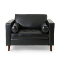 Accent Club Chair, 45 Inch Padded Seat, Birch Wood Legs, Black Faux Leather -BM320529