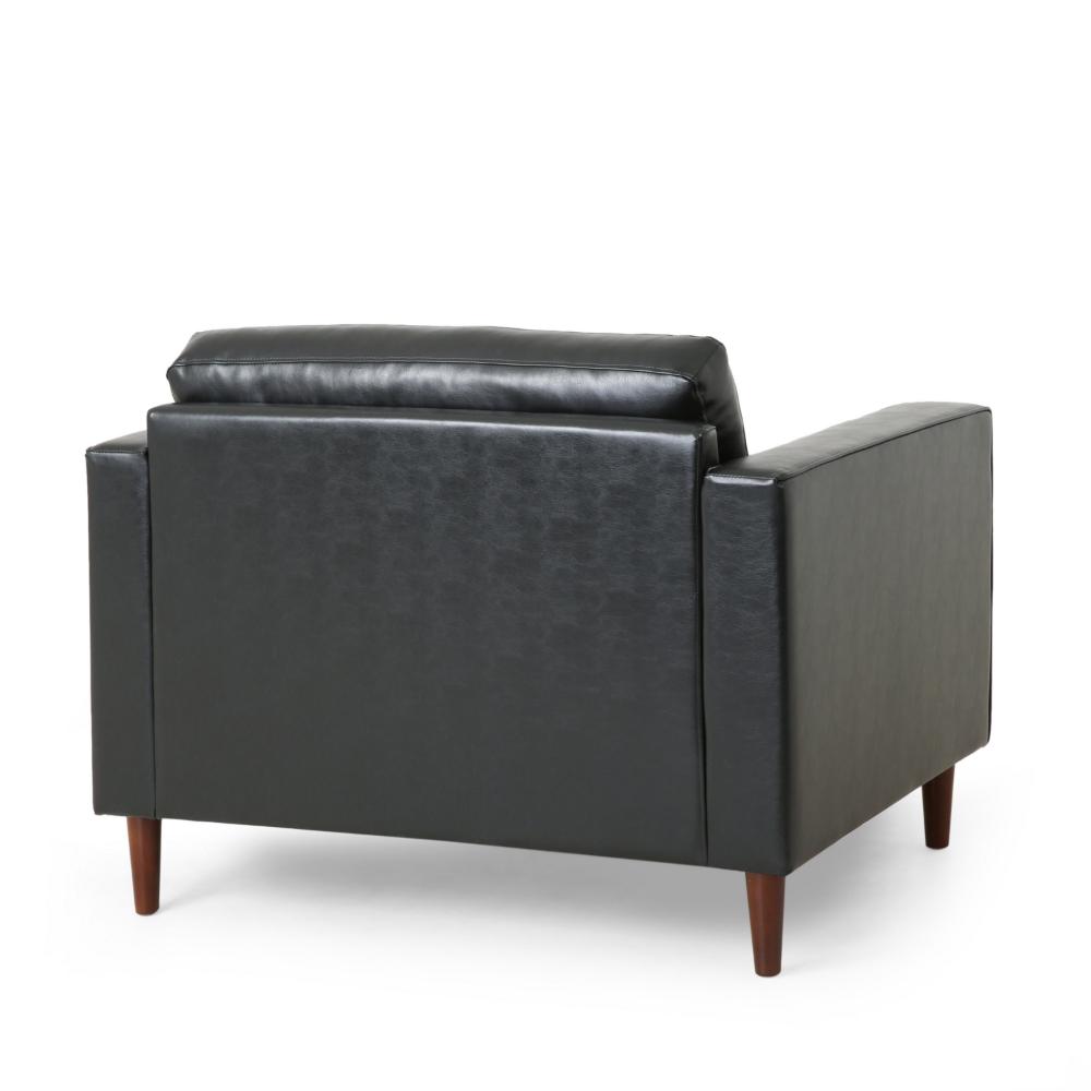 Accent Club Chair, 45 Inch Padded Seat, Birch Wood Legs, Black Faux Leather -BM320529
