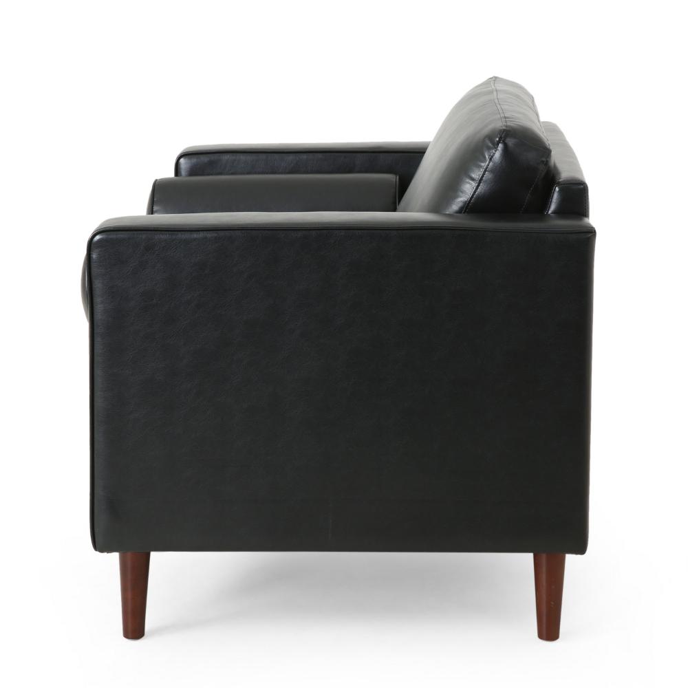 Accent Club Chair, 45 Inch Padded Seat, Birch Wood Legs, Black Faux Leather -BM320529