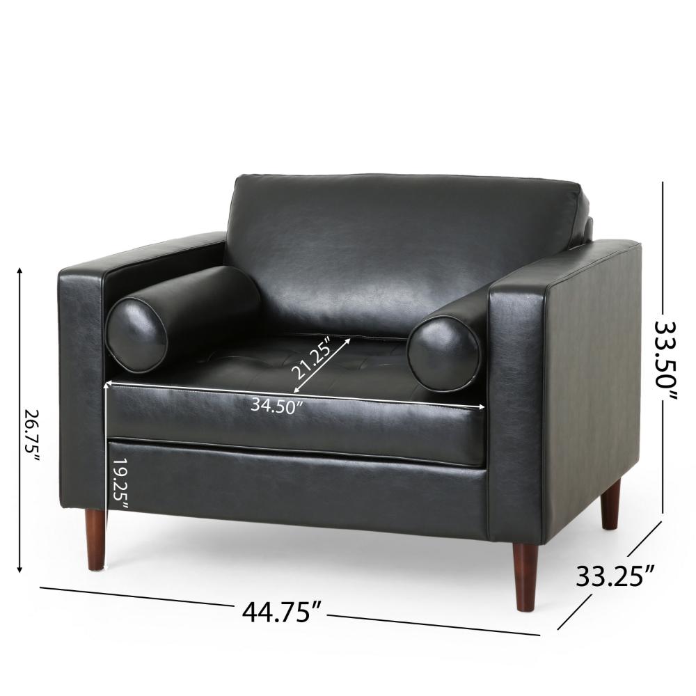 Accent Club Chair, 45 Inch Padded Seat, Birch Wood Legs, Black Faux Leather -BM320529