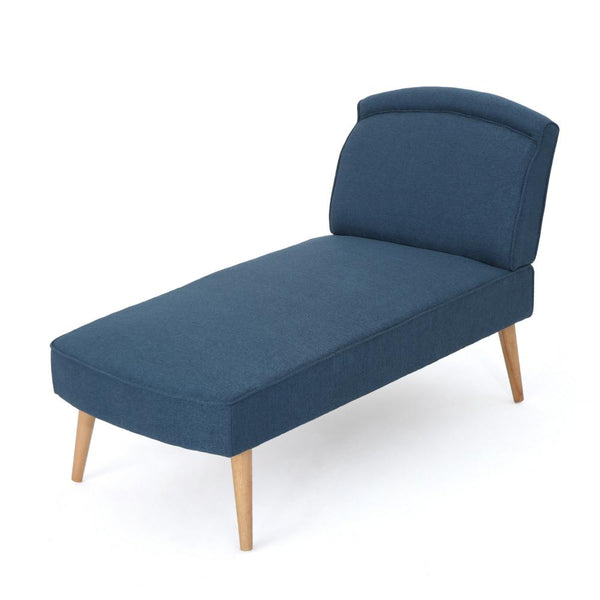 Chaise Lounger, 57 Inch, Modern, Brown Wood Frame, Navy Blue Fabric