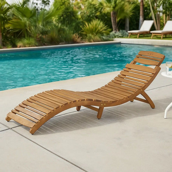 Hanie Foldable Chaise Lounger, Outdoor, Open Slatted in Brown Acacia Wood -BM320533