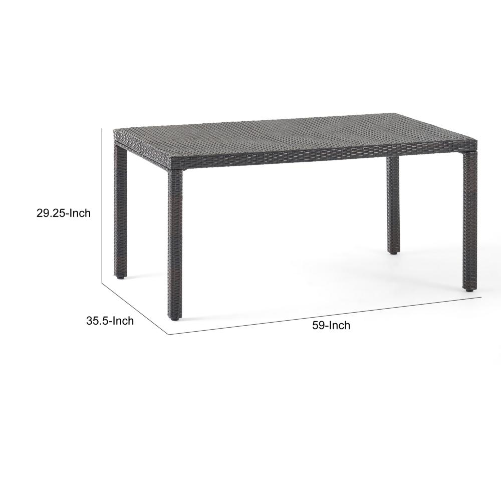 Roeh Outdoor Dining Table, 59 Inch Rectangular, Brown Rattan Wood, Iron -BM320536