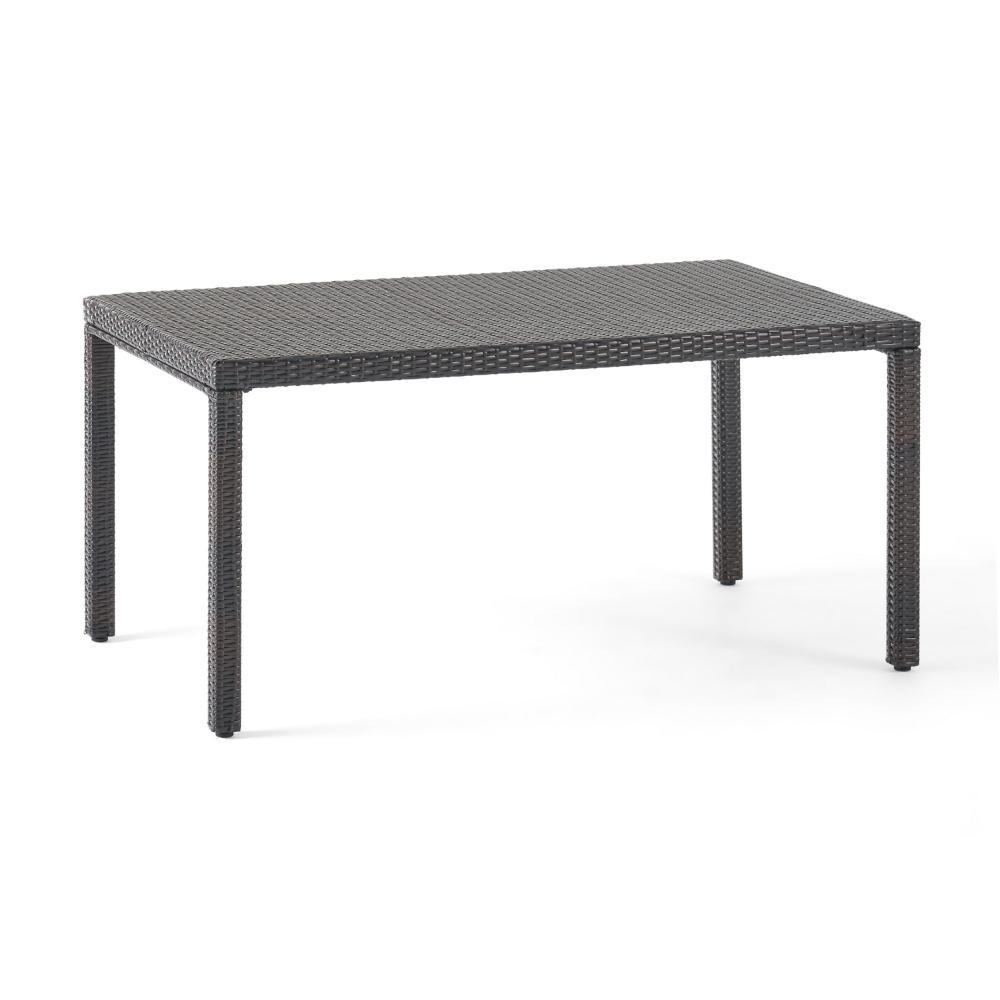 Roeh Outdoor Dining Table, 59 Inch Rectangular, Brown Rattan Wood, Iron