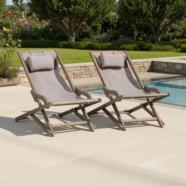 Mikki Portable Sling Chair Set of 2 with Pillows, Gray Polyester, Wood Base -BM320539