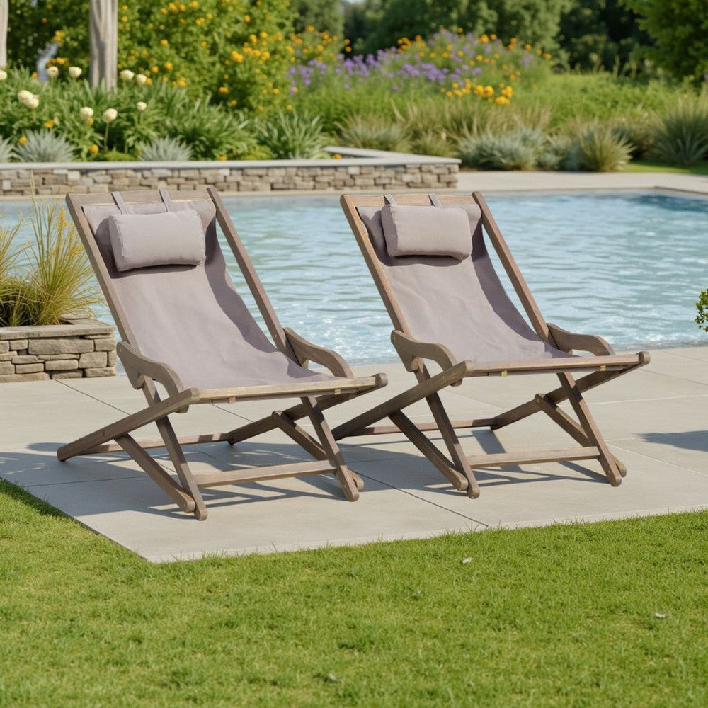 Mikki Portable Sling Chair Set of 2 with Pillows, Gray Polyester, Wood Base -BM320539
