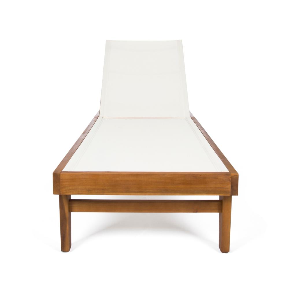 Liam Outdoor Chaise Lounger, Ergonomic White Mesh Seat, Brown Acacia Wood -BM320544