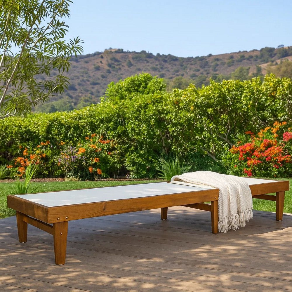 Liam Outdoor Chaise Lounger, Ergonomic White Mesh Seat, Brown Acacia Wood -BM320544