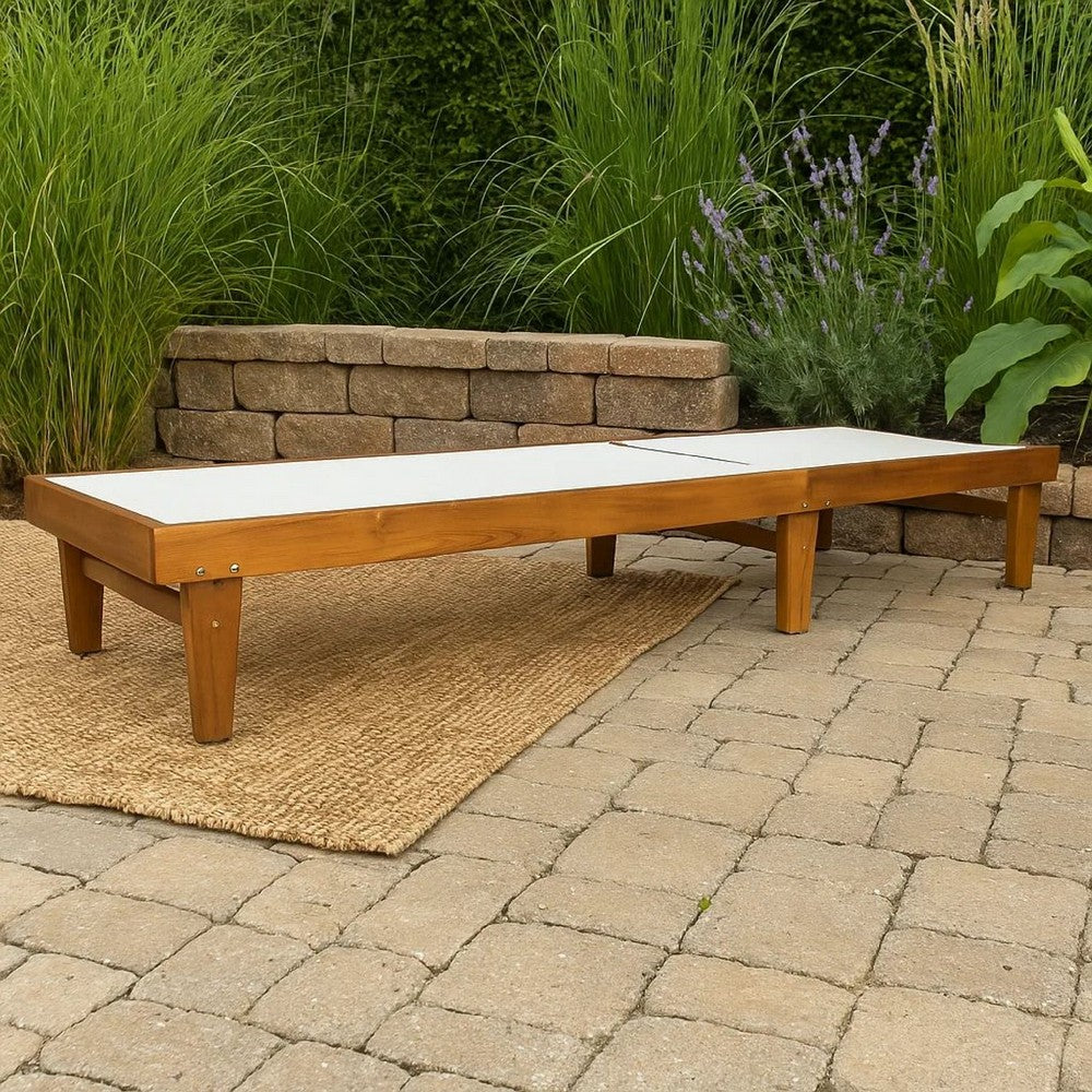 Liam Outdoor Chaise Lounger, Ergonomic White Mesh Seat, Brown Acacia Wood -BM320544