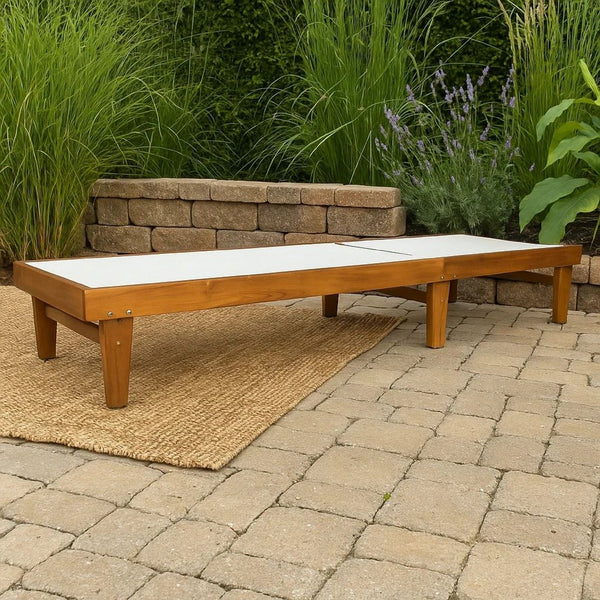 Liam Outdoor Chaise Lounger, Ergonomic White Mesh Seat, Brown Acacia Wood -BM320544