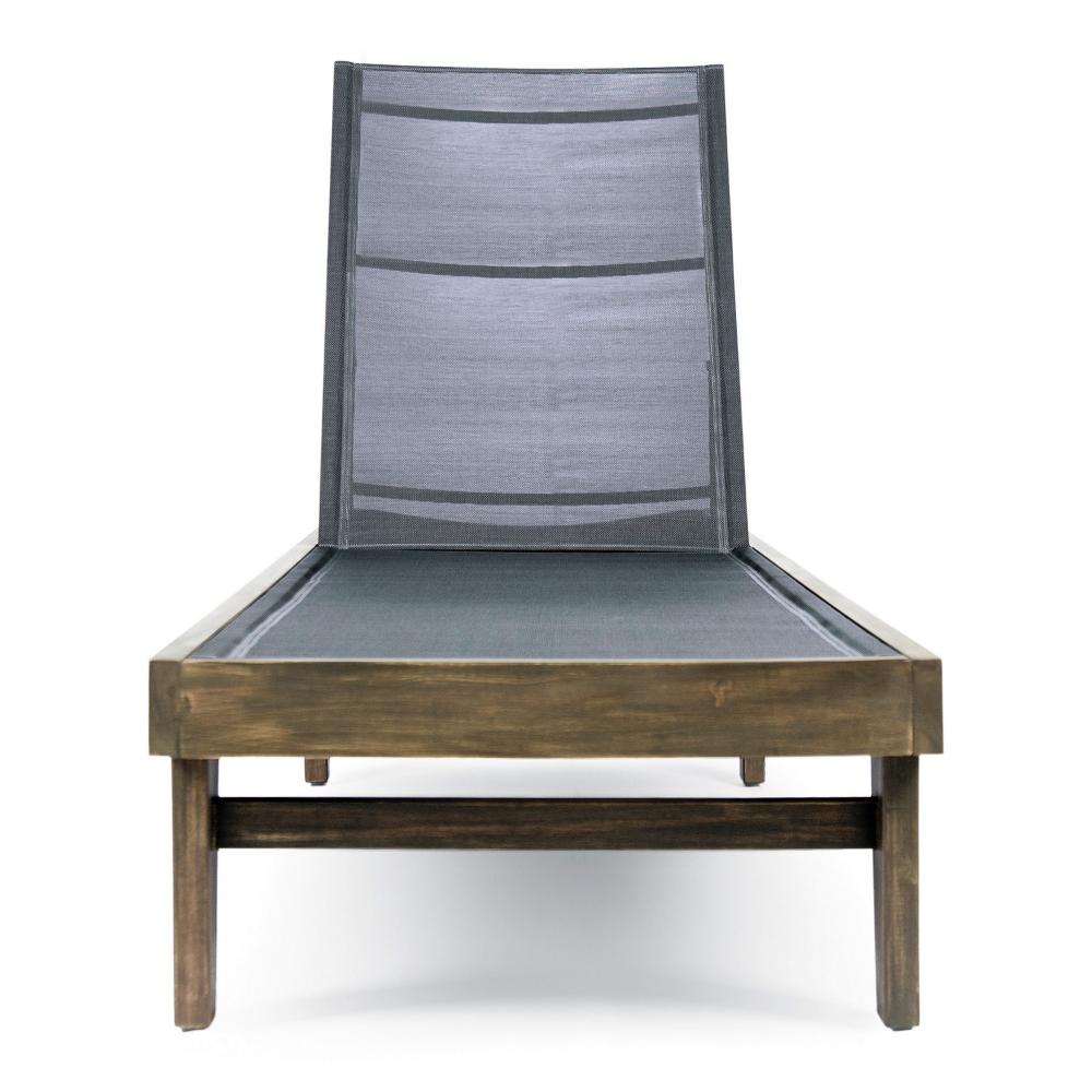 Liam Outdoor Chaise Lounger, 78 Inch Mesh Seat, Dark Gray Acacia Wood Frame -BM320545
