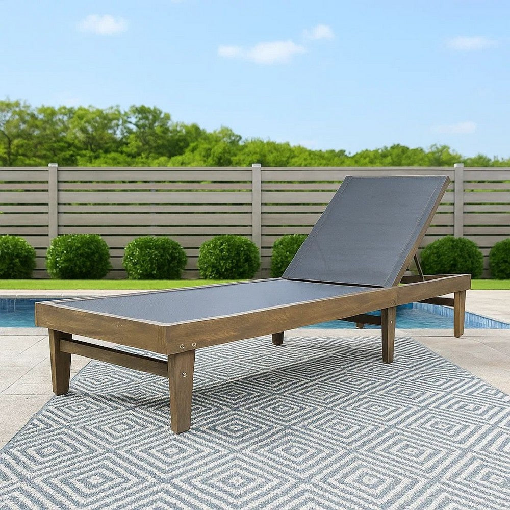 Liam Outdoor Chaise Lounger, 78 Inch Mesh Seat, Dark Gray Acacia Wood Frame -BM320545