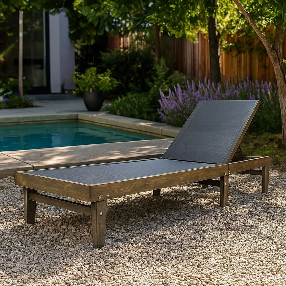 Liam Outdoor Chaise Lounger, 78 Inch Mesh Seat, Dark Gray Acacia Wood Frame -BM320545