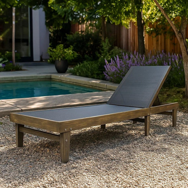 Liam Outdoor Chaise Lounger, 78 Inch Mesh Seat, Dark Gray Acacia Wood Frame -BM320545