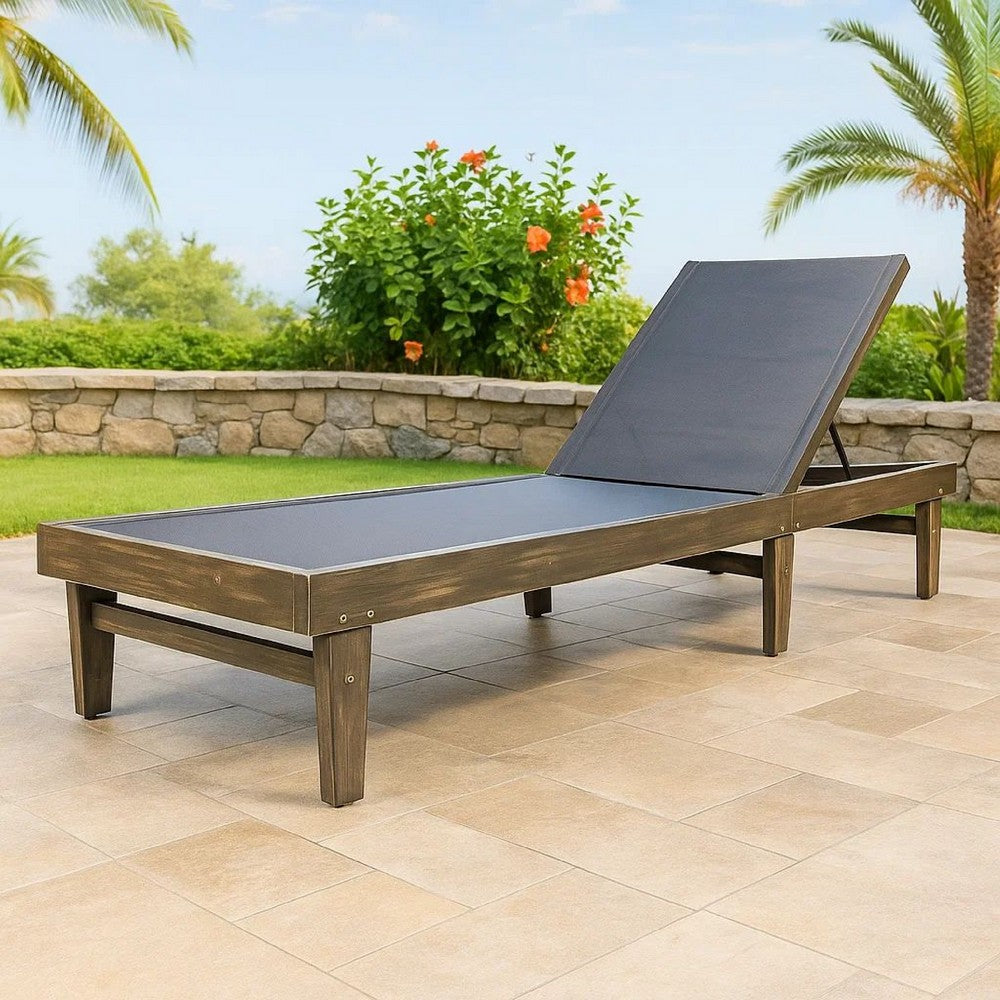 Liam Outdoor Chaise Lounger, 78 Inch Mesh Seat, Dark Gray Acacia Wood Frame -BM320545