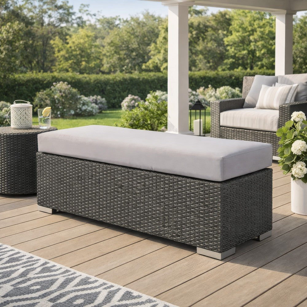 Sanie Outdoor Bench, 47 Inch, Gray Resin Wicker Weave, Silver Polyester -BM320549
