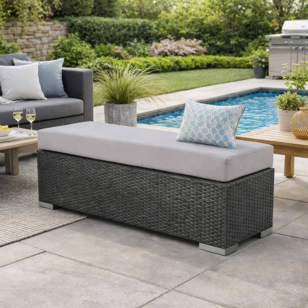 Sanie Outdoor Bench, 47 Inch, Gray Resin Wicker Weave, Silver Polyester -BM320549