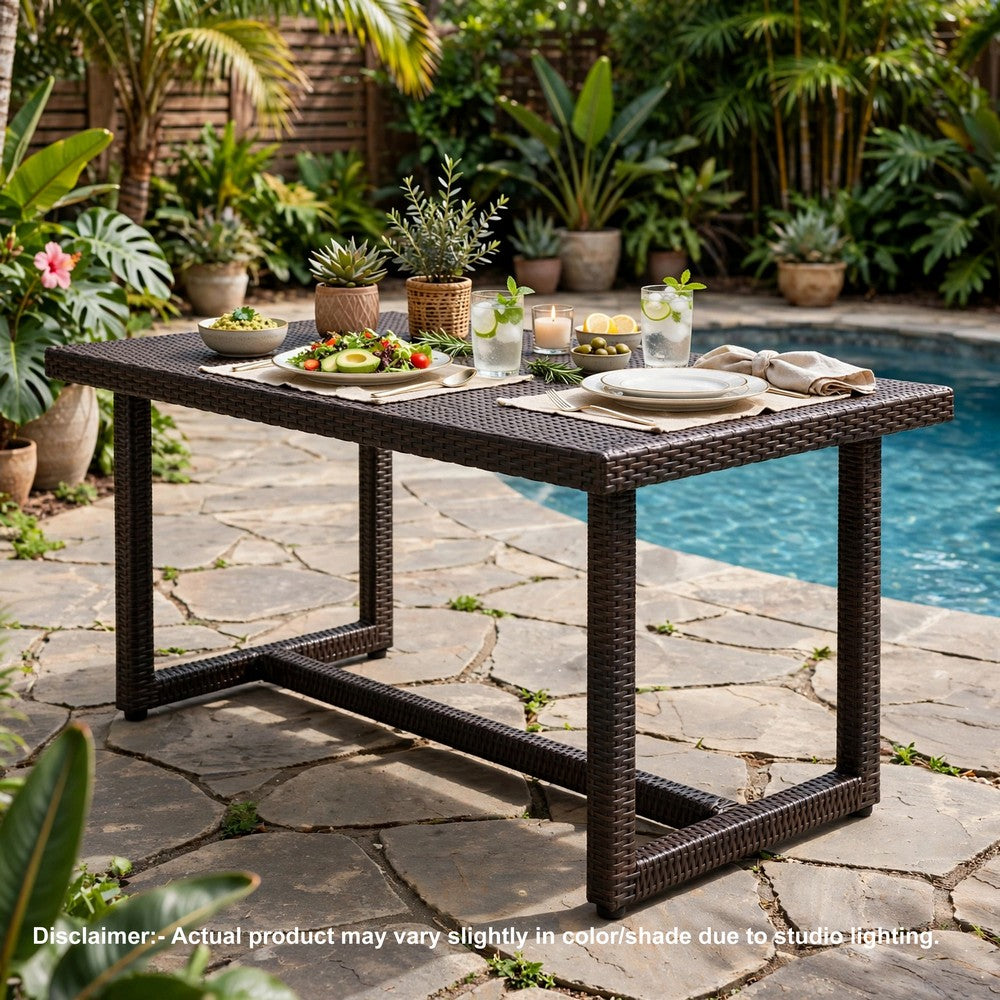Sanie Outdoor Dining Table, 59 Inch Top, Iron Frame, Brown Resin Wicker -BM320554