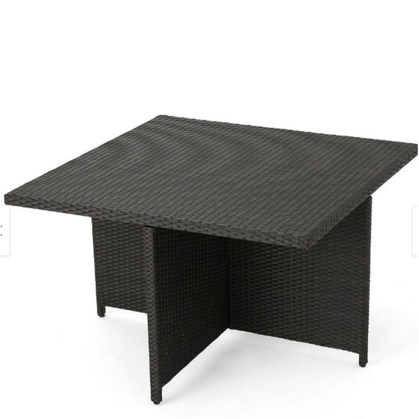 Perie Outdoor Dining Table, 48 Inch Square Black Rattan Wood, Iron Frame
