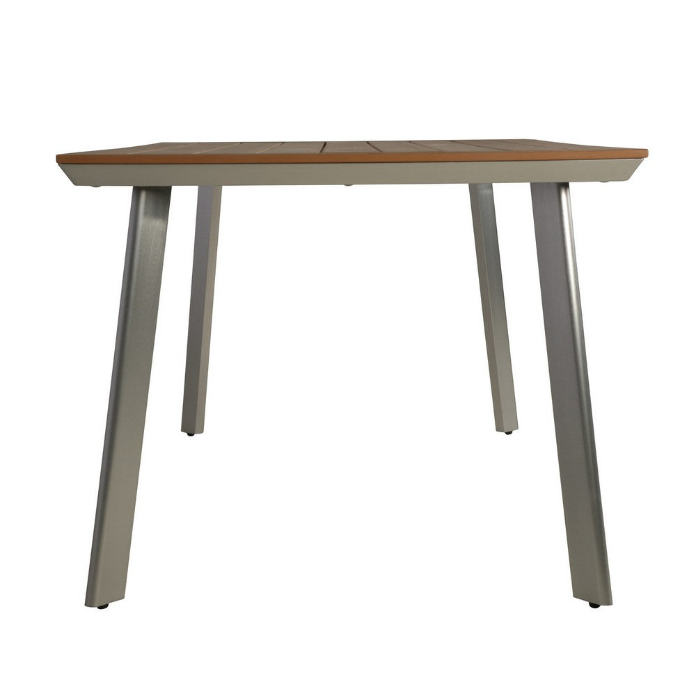 Outdoor Dining Table, 63 Inch Brown Eucalyptus Wood Top, Silver Metal Legs -BM320562