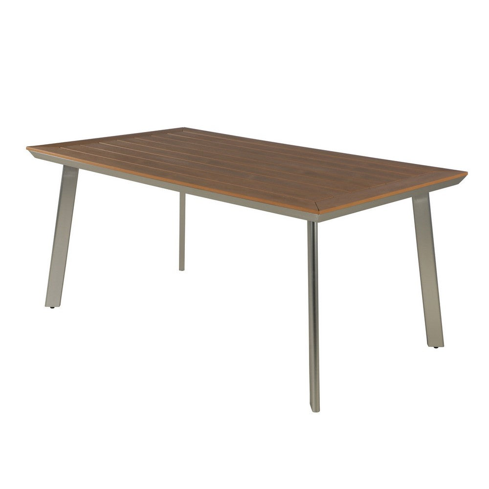 Outdoor Dining Table, 63 Inch Brown Eucalyptus Wood Top, Silver Metal Legs -BM320562