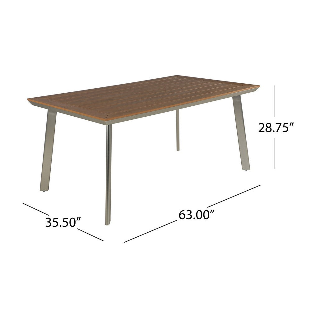 Outdoor Dining Table, 63 Inch Brown Eucalyptus Wood Top, Silver Metal Legs -BM320562