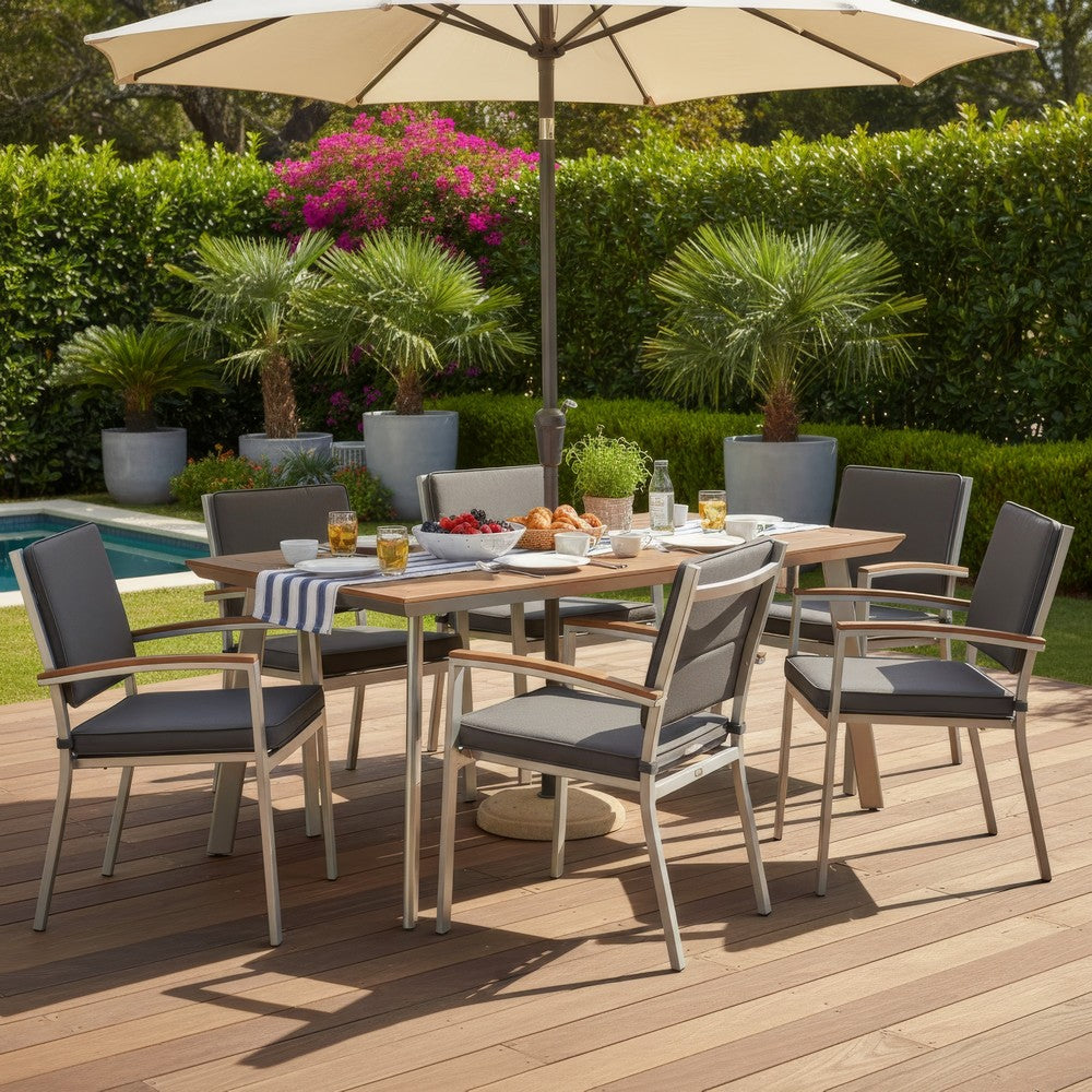 Outdoor Dining Table, 63 Inch Brown Eucalyptus Wood Top, Silver Metal Legs -BM320562